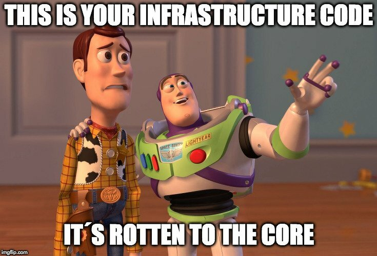 Auto-generated description: Buzz Lightyear and Woody from Toy Story are depicted with text saying, THIS IS YOUR INFRASTRUCTURE CODE, IT'S ROTTEN TO THE CORE.