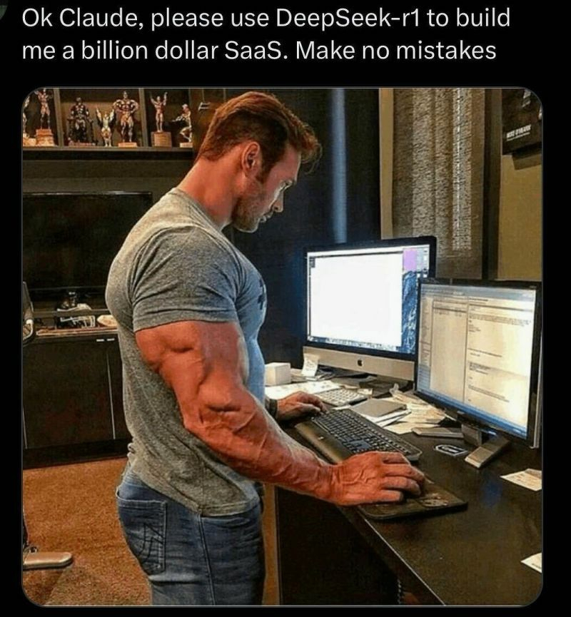 Auto-generated description: A muscular man is focused on working at a desk with multiple monitors, accompanied by a humorous text about building a billion-dollar SaaS.