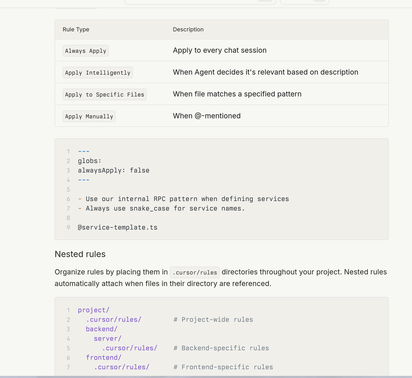 Auto-generated description: A text document contains rules and descriptions for applying them in a project, as well as organized rule folders for different aspects of the project.