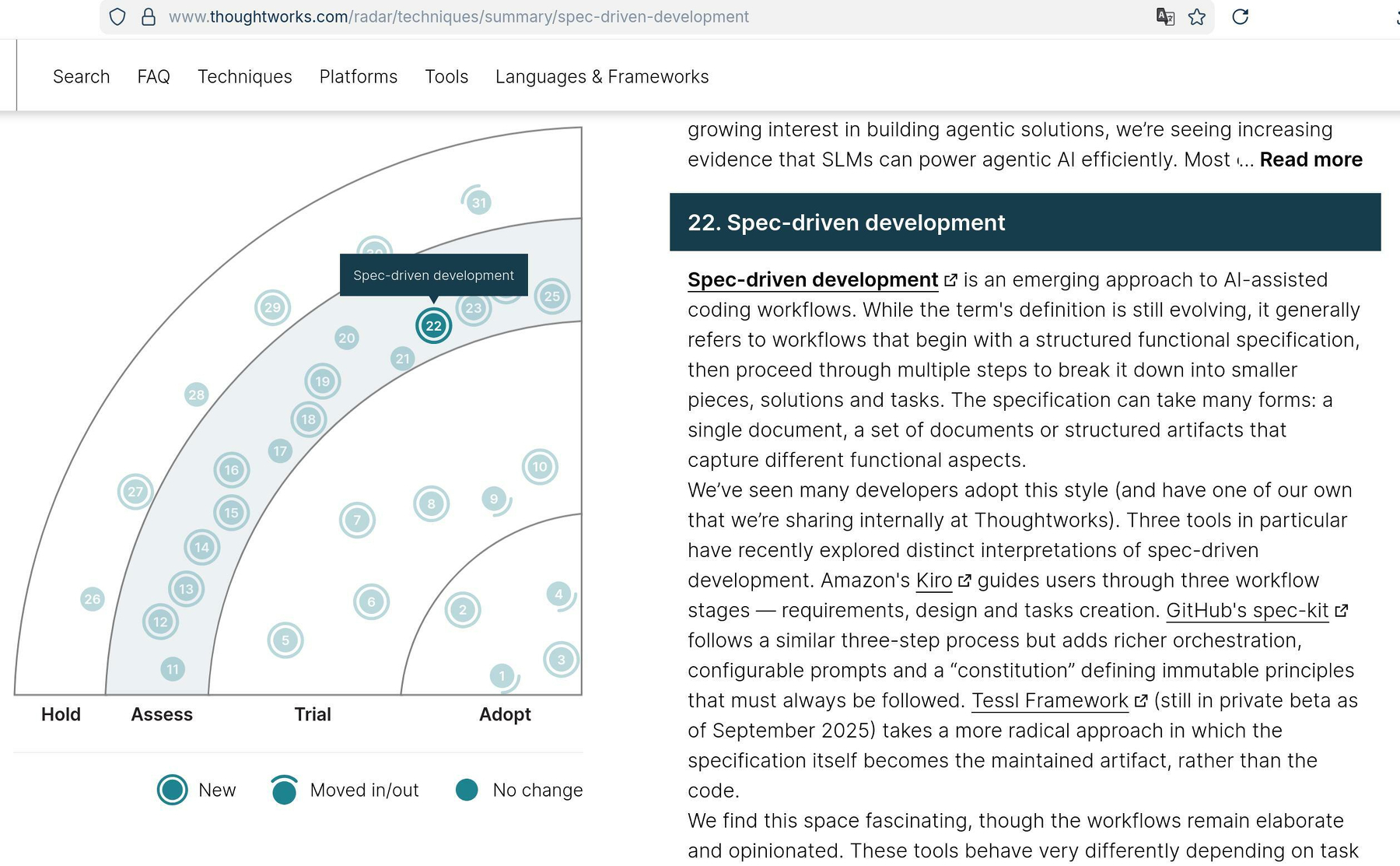 Auto-generated description: A website page features a chart illustrating Spec-driven development surrounded by text describing its concept and applications.