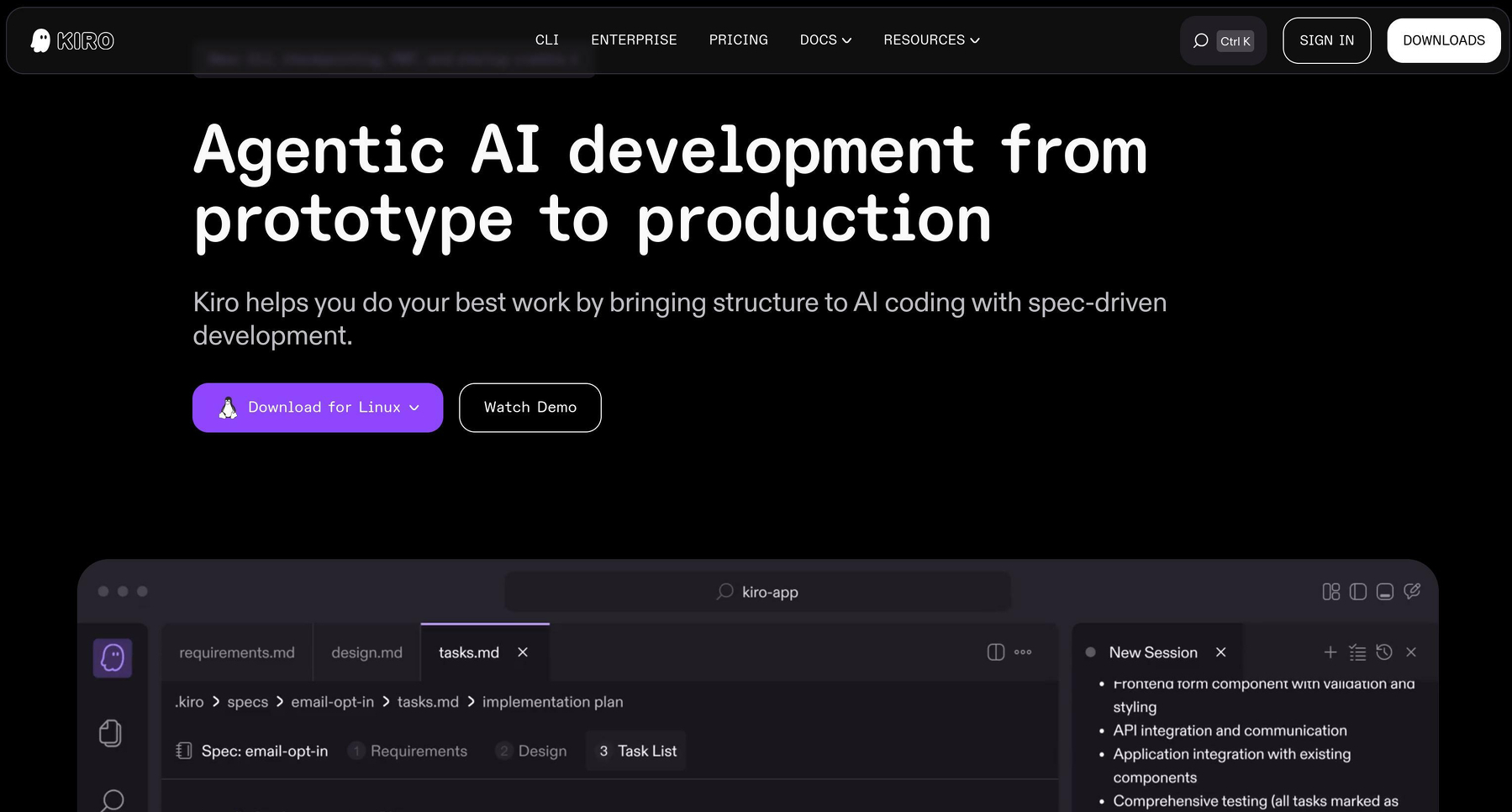Auto-generated description: Agentic AI development platform interface displaying options for downloading and watching demos, with a focus on task and requirements management.
